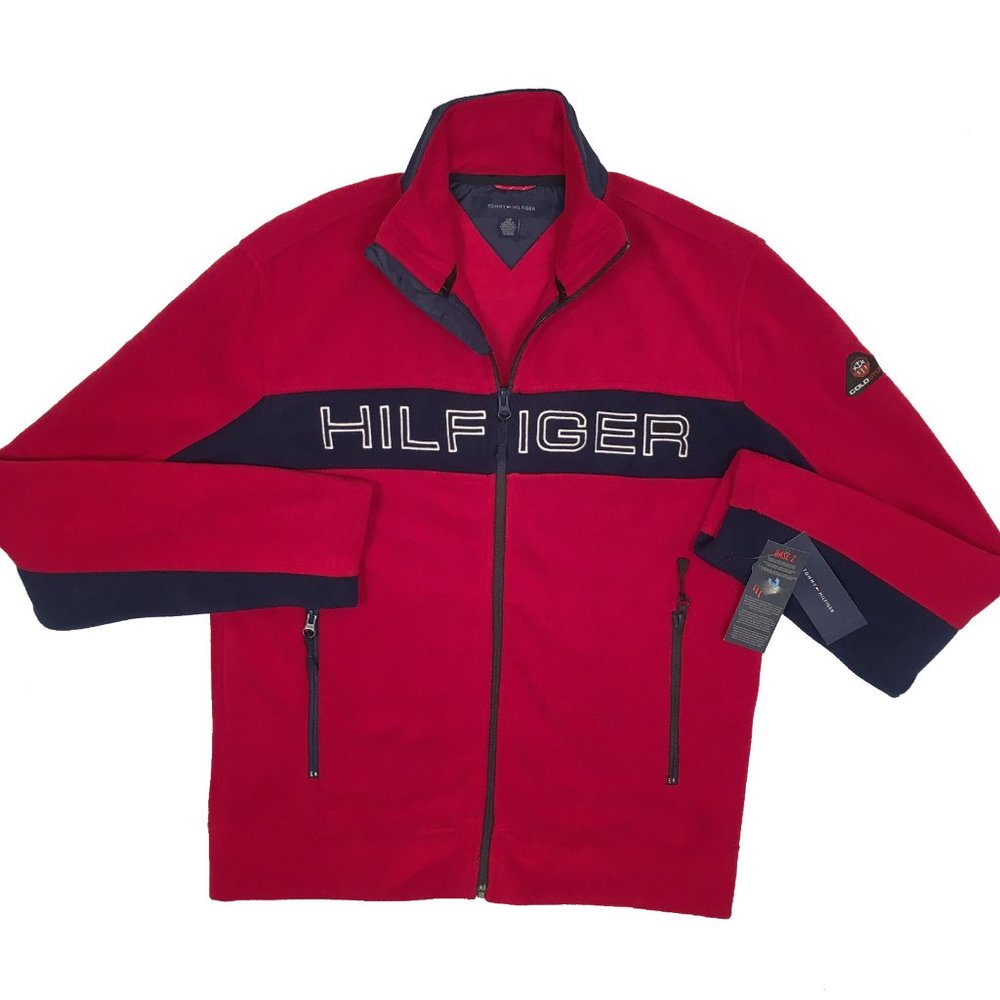 NEW Vintage Tommy Hilfiger Fleece Pullover Jacket!  Red & Navy With Big Hilfiger